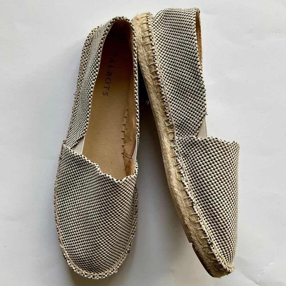 Talbots Black White Woven Espadrille Flats Shoes Sz 9M Slip On Jute Gingham NWOT